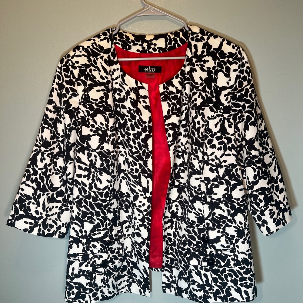 Black and White Floral Blazer with Red Accent